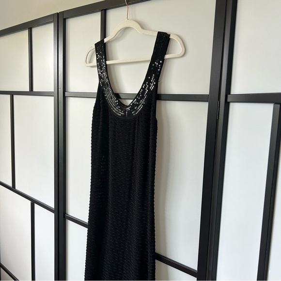[L] Adrienne Vittadini Black Knit Bodycon Midi Dress With Sequin Beaded Neckline - Picture 3 of 11